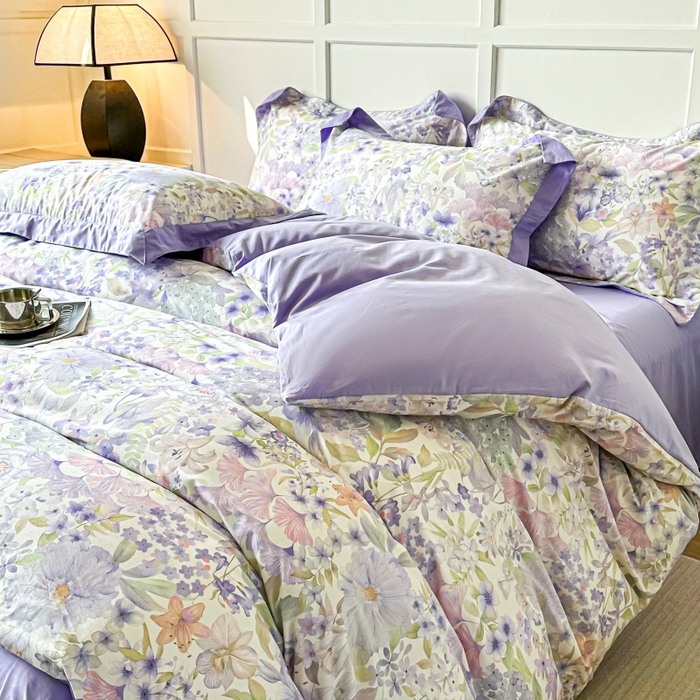 91家纺网 家纺一手货源 找家纺 棉生活 2024新款铂金棉高支数码印花四件套 盛夏光景　紫