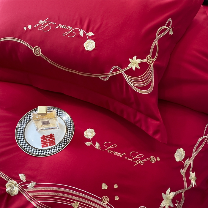 91家纺网 家纺一手货源 找家纺 宅家居 2024新款磨毛亲肤棉婚庆刺绣花四件套 锦上添花