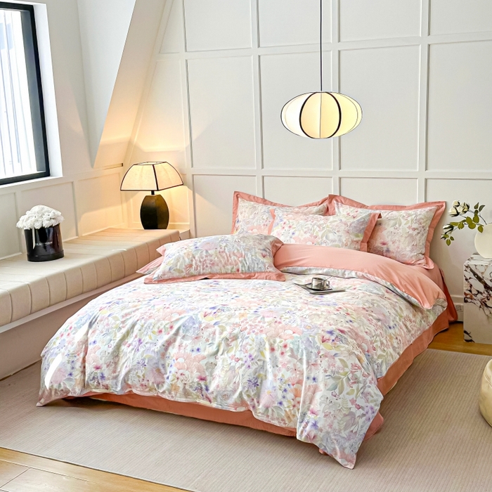 91家纺网 家纺一手货源 找家纺 棉生活 2024新款铂金棉高支数码印花四件套 盛夏光景　粉