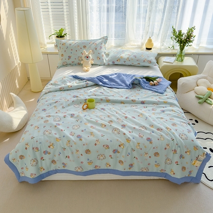 蓝冰家纺 2024新款亲肤舒适泡泡棉印花夏被 花丛兔