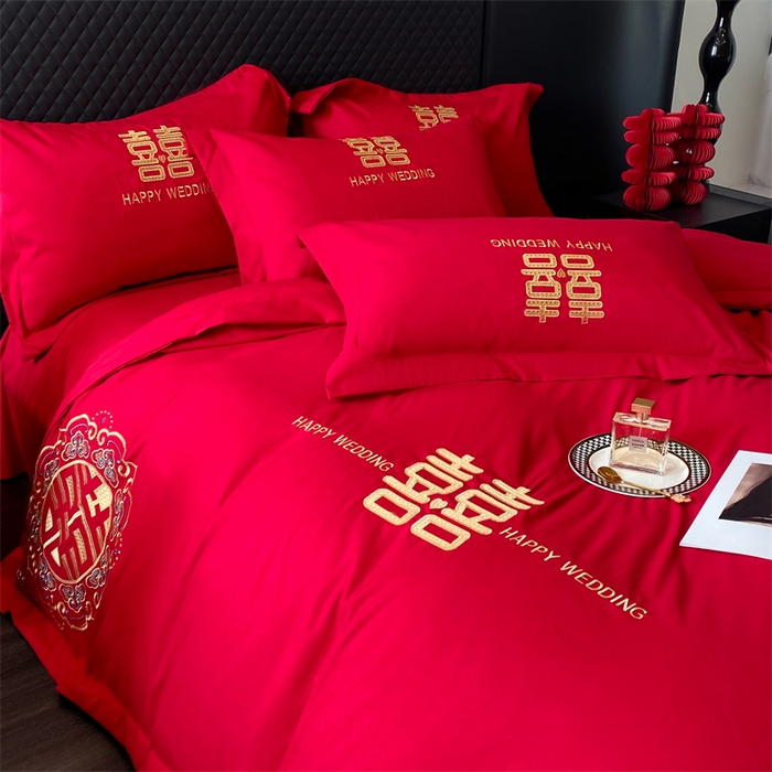 91家纺网 家纺一手货源 找家纺 宅家居 2024新款磨毛亲肤棉婚庆刺绣花四件套 喜上加喜