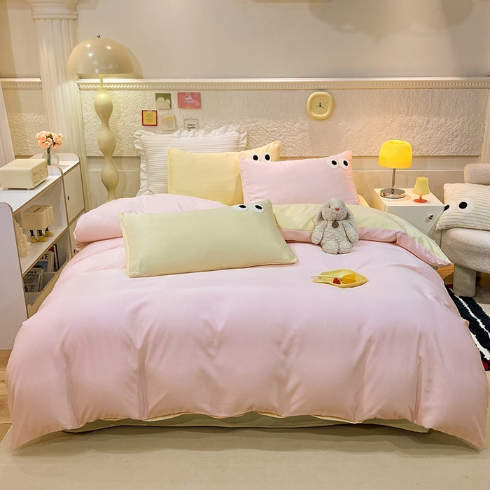 91家纺网 家纺一手货源 找家纺 艾米家居 2025新款水洗真丝大眼睛系列四件套 粉+黄