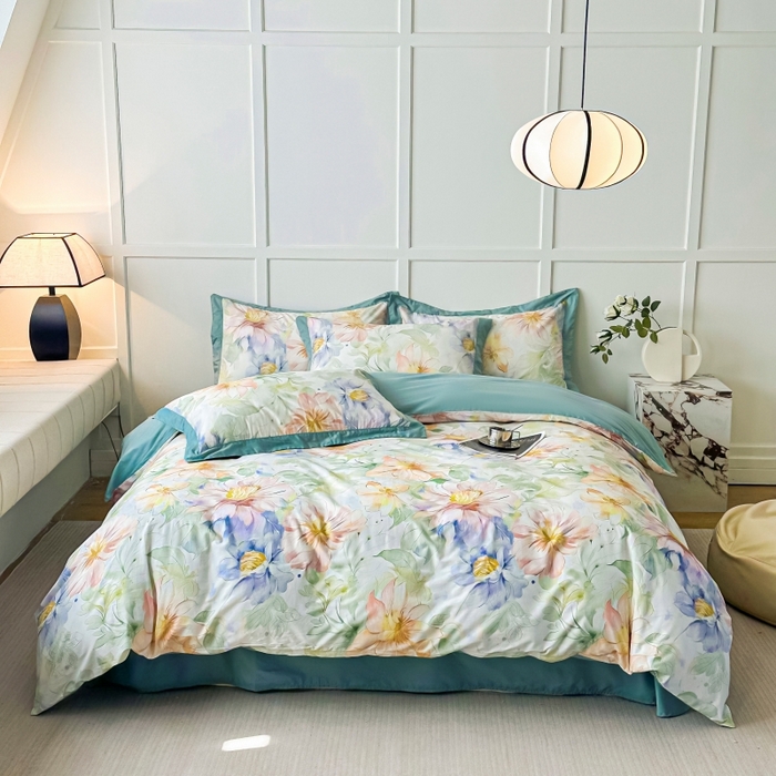 91家纺网 家纺一手货源 找家纺 棉生活 2024新款铂金棉高支数码印花四件套 花的旅程