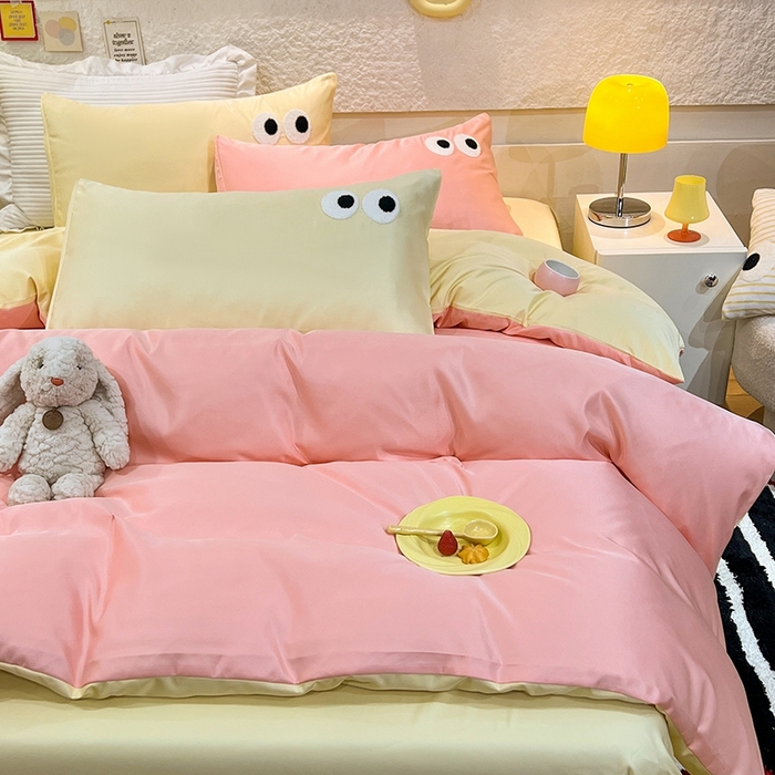 91家纺网 家纺一手货源 找家纺 艾米家居 2025新款水洗真丝大眼睛系列四件套 玉色+黄