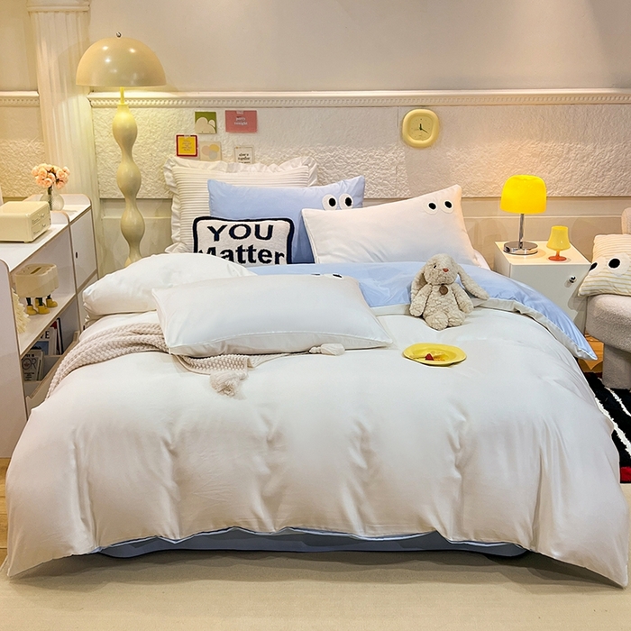 91家纺网 家纺一手货源 找家纺 艾米家居 2025新款水洗真丝大眼睛系列四件套 白+ 蓝