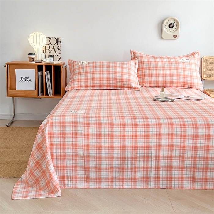 91家纺网 家纺一手货源 找家纺 梦舒羽 2025新款水洗棉麻单层床单 线条格-粉玉