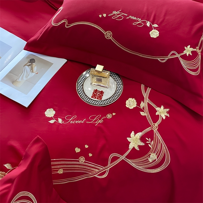 91家纺网 家纺一手货源 找家纺 宅家居 2024新款磨毛亲肤棉婚庆刺绣花四件套 锦上添花