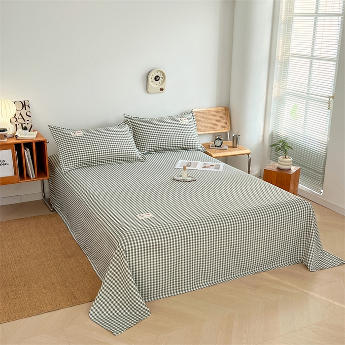 91家纺网 家纺一手货源 找家纺 梦舒羽 2025新款水洗棉麻单层床单 小格-绿