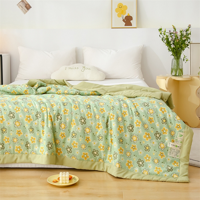 91家纺网 家纺一手货源 找家纺 爱宝被业 2025新款水洗棉麻双层纱夏凉被 花漾