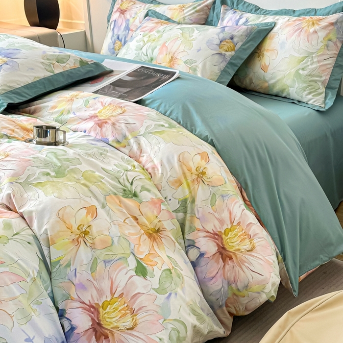 91家纺网 家纺一手货源 找家纺 棉生活 2024新款铂金棉高支数码印花四件套 花的旅程