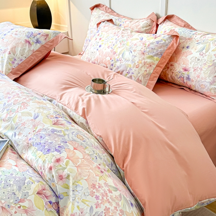 91家纺网 家纺一手货源 找家纺 棉生活 2024新款铂金棉高支数码印花四件套 盛夏光景　粉