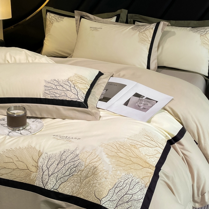 91家纺网 家纺一手货源 找家纺 绒世界 绒世界 2025新款全棉60S刺绣床单床笠高档四件套 浅栗咖