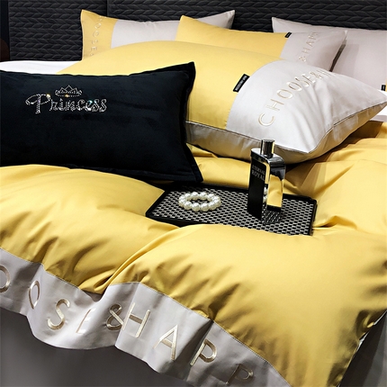 91家纺网 家纺一手货源 找家纺 凯磊 2024新款简约家居.刺绣纯色拼色四件套--伊可系列（拍法一） 彩虹黄+米灰