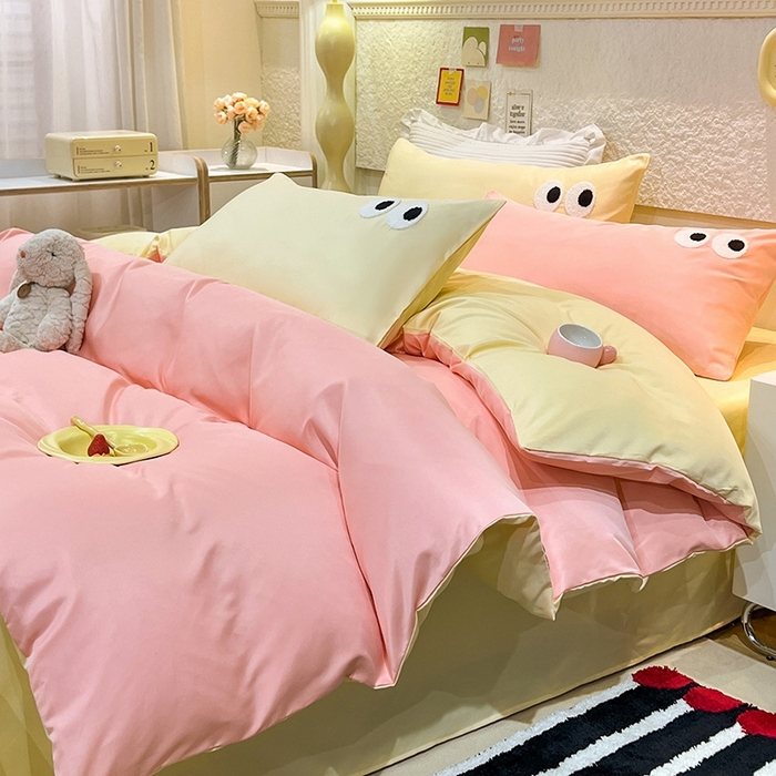 91家纺网 家纺一手货源 找家纺 艾米家居 2025新款水洗真丝大眼睛系列四件套 玉色+黄