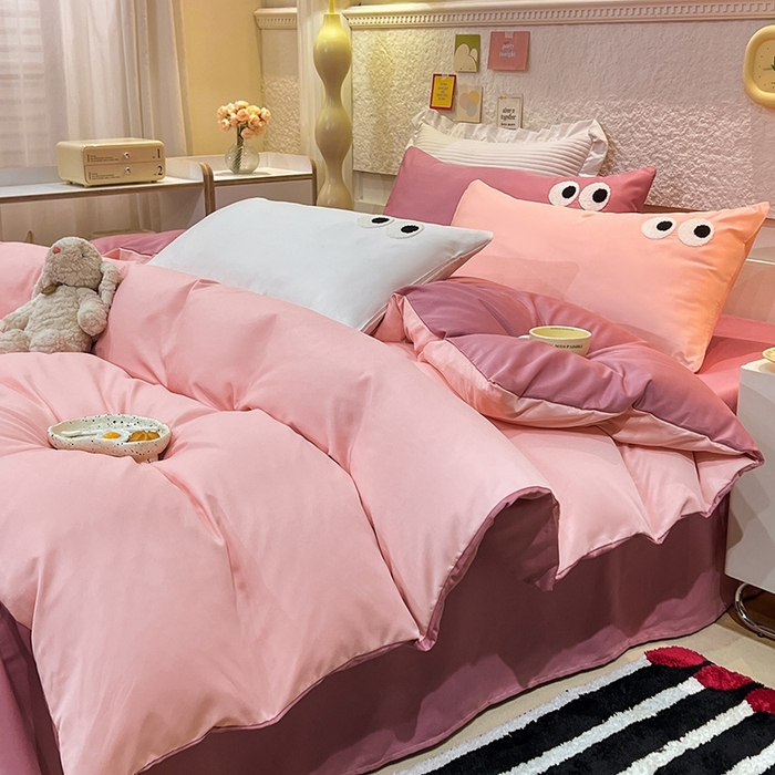 91家纺网 家纺一手货源 找家纺 艾米家居 2025新款水洗真丝大眼睛系列四件套 豆沙+玫红