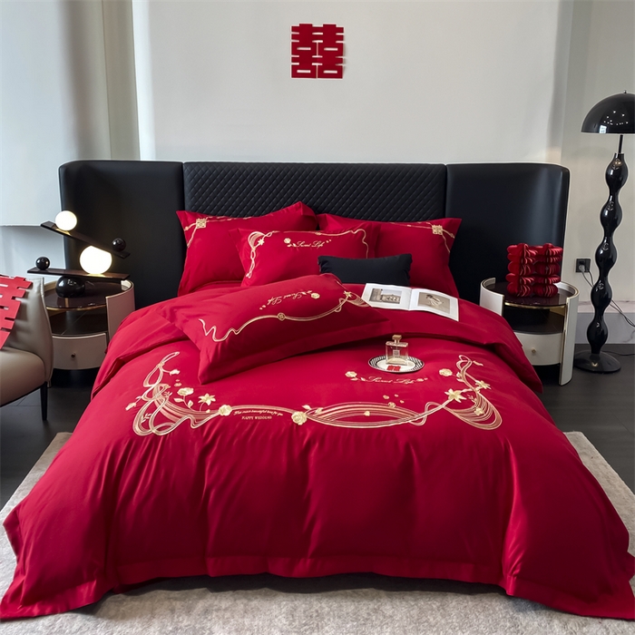 91家纺网 家纺一手货源 找家纺 宅家居 2024新款磨毛亲肤棉婚庆刺绣花四件套 锦上添花