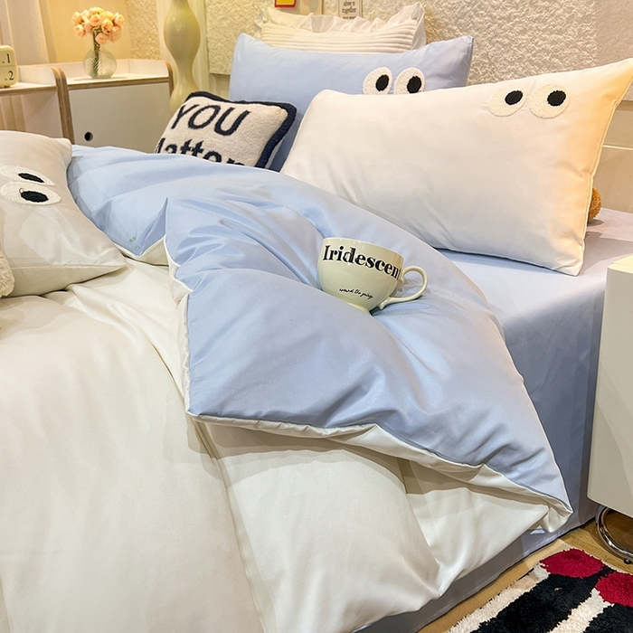 91家纺网 家纺一手货源 找家纺 艾米家居 2025新款水洗真丝大眼睛系列四件套 白+ 蓝