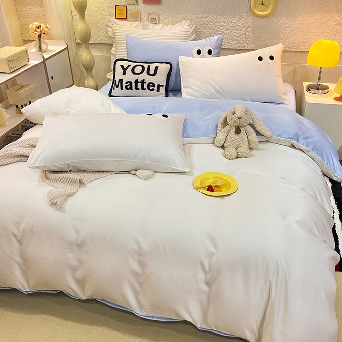 91家纺网 家纺一手货源 找家纺 艾米家居 2025新款水洗真丝大眼睛系列四件套 白+ 蓝