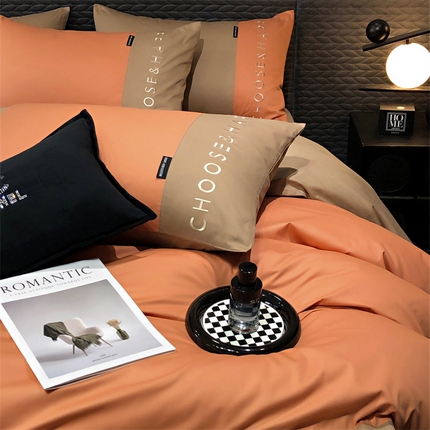 91家纺网 家纺一手货源 找家纺 凯磊 2024新款简约家居.刺绣纯色拼色四件套--伊可系列（拍法一） 香橙+木咖