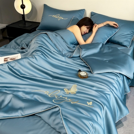 91家纺网 家纺一手货源 找家纺 （总）云棉坊 2025新款水洗真丝冰丝刺绣天丝夏被四件套-梦蝶
