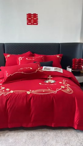 91家纺网 家纺一手货源 找家纺 宅家居 2024新款磨毛亲肤棉婚庆刺绣花四件套 锦上添花