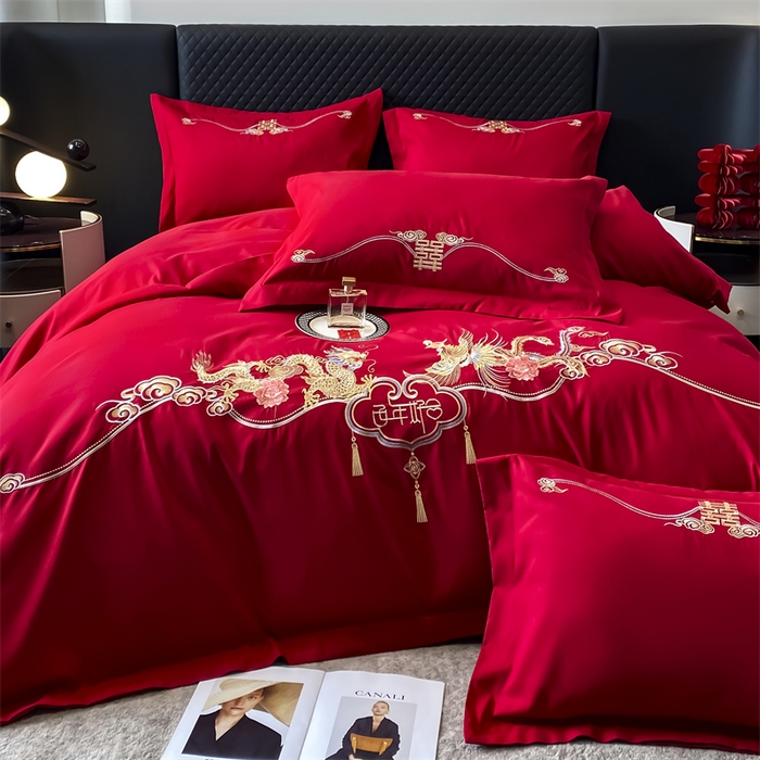 91家纺网 家纺一手货源 找家纺 宅家居 2024新款磨毛亲肤棉婚庆刺绣花四件套 龙凤呈祥