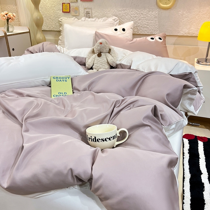 91家纺网 家纺一手货源 找家纺 艾米家居 2025新款水洗真丝大眼睛系列四件套 香槟+白