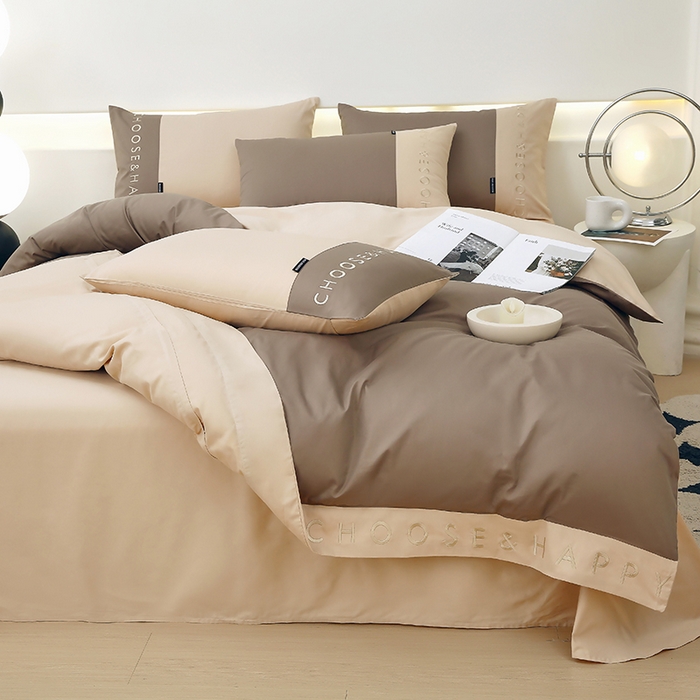 91家纺网 家纺一手货源 找家纺 2024新款简约家居.刺绣纯色拼色四件套--伊可系列 伊可-奶咖色+饼干色