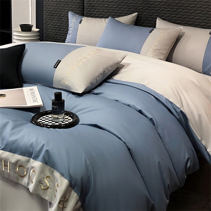91家纺网 家纺一手货源 找家纺 凯磊 2024新款简约家居.刺绣纯色拼色四件套--伊可系列（拍法一） 雪青蓝+烟灰