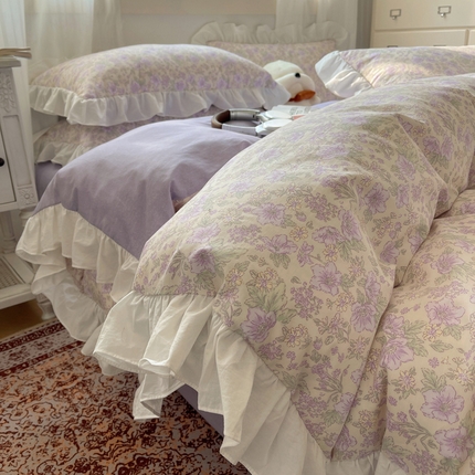 91家纺网 家纺一手货源 找家纺 六巷胡同 2024新款全棉韩系花边款小碎花四件套 苏茉