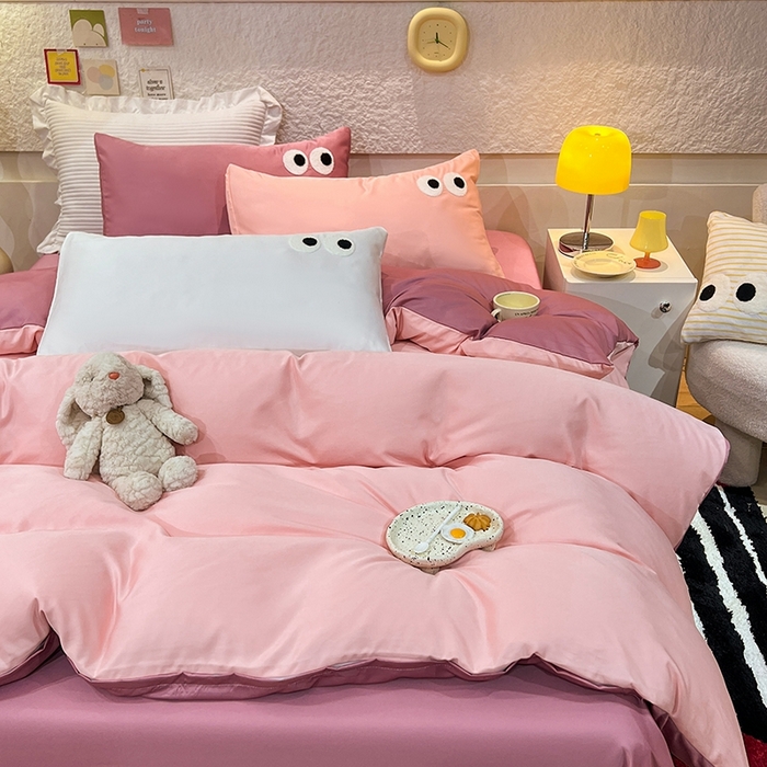 91家纺网 家纺一手货源 找家纺 艾米家居 2025新款水洗真丝大眼睛系列四件套 豆沙+玫红