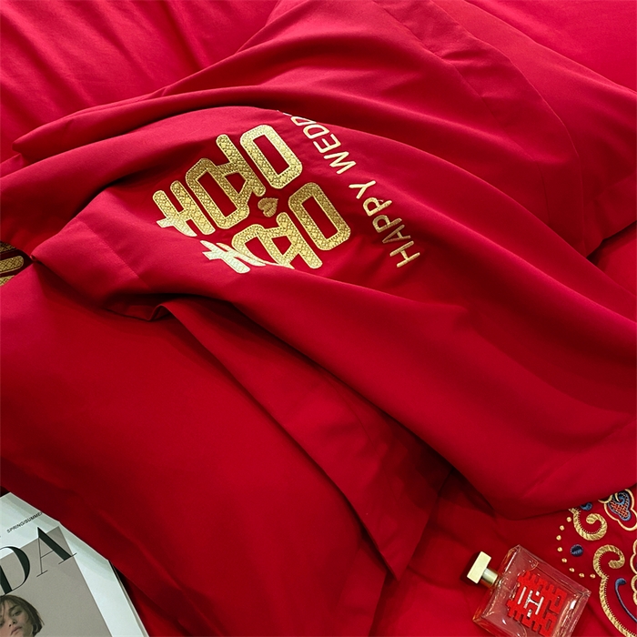 91家纺网 家纺一手货源 找家纺 宅家居 2024新款磨毛亲肤棉婚庆刺绣花四件套 喜上加喜