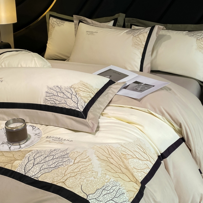 91家纺网 家纺一手货源 找家纺 绒世界 绒世界 2025新款全棉60S刺绣床单床笠高档四件套 浅栗咖