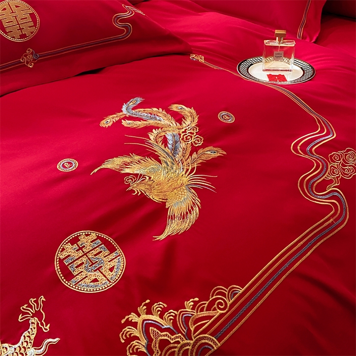 91家纺网 家纺一手货源 找家纺 宅家居 2024新款磨毛亲肤棉婚庆刺绣花四件套 幸福龙凤