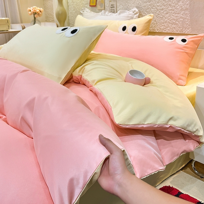 91家纺网 家纺一手货源 找家纺 艾米家居 2025新款水洗真丝大眼睛系列四件套 玉色+黄