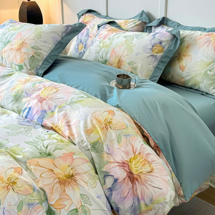 91家纺网 家纺一手货源 找家纺 棉生活 2024新款铂金棉高支数码印花四件套 花的旅程