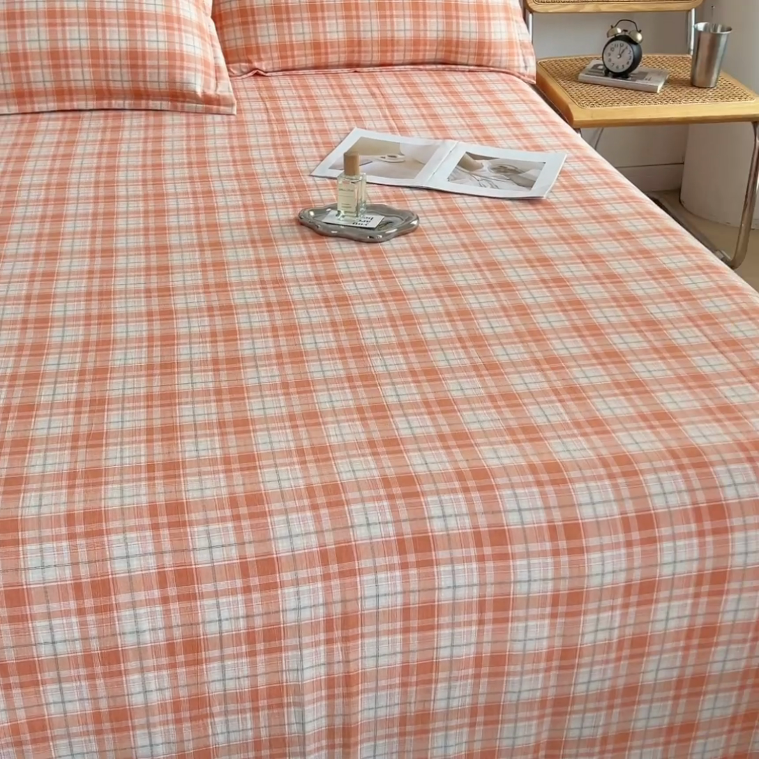 91家纺网 家纺一手货源 找家纺 梦舒羽 2025新款水洗棉麻单层床单 线条格-粉玉