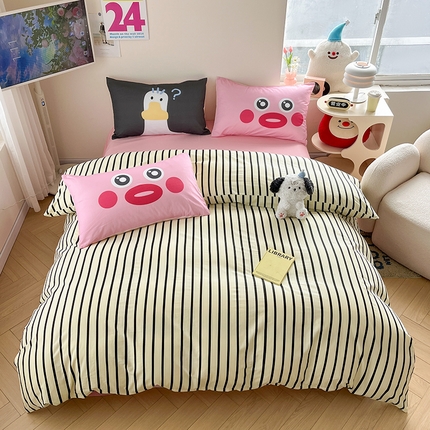 91家纺网 家纺一手货源 找家纺 2024新款大版枕套数码印花全棉四件套 蓝竖条