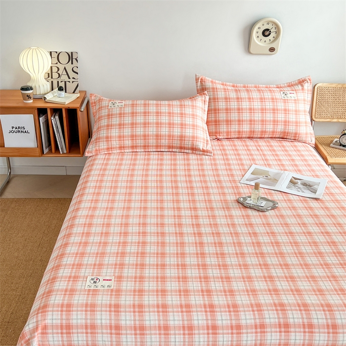 91家纺网 家纺一手货源 找家纺 梦舒羽 2025新款水洗棉麻单层床单 线条格-粉玉