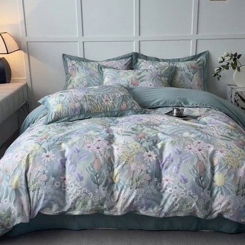 91家纺网 家纺一手货源 找家纺 棉生活 2024新款铂金棉高支数码印花四件套 林溪清婉