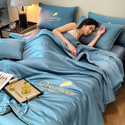 91家纺网 家纺一手货源 找家纺 （总）云棉坊 2025新款滚边水洗真丝刺绣夏被四件套-轻羽系列