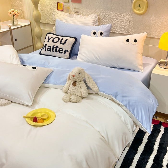 91家纺网 家纺一手货源 找家纺 艾米家居 2025新款水洗真丝大眼睛系列四件套 白+ 蓝