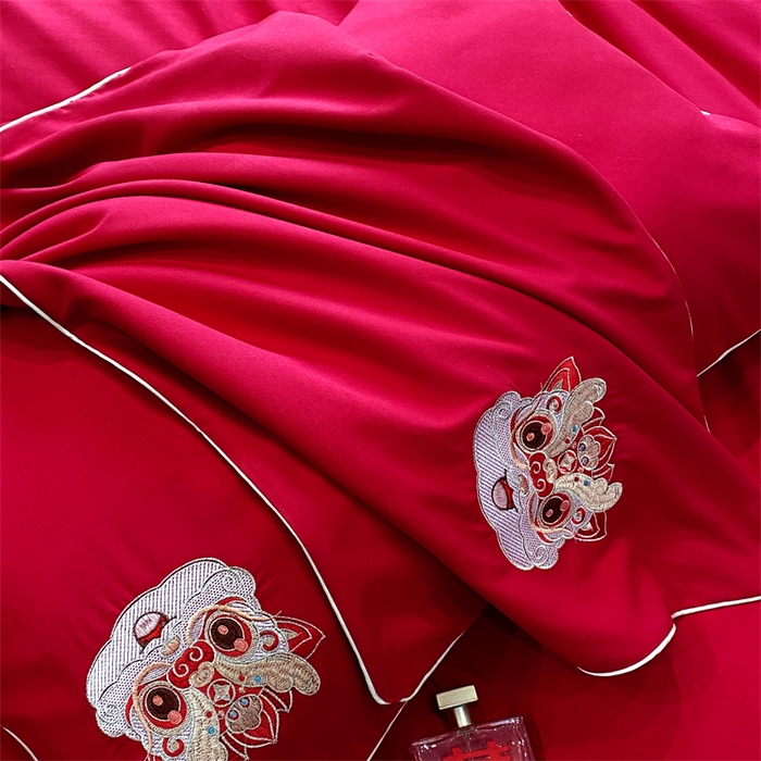 91家纺网 家纺一手货源 找家纺 宅家居 2024新款磨毛亲肤棉婚庆刺绣花四件套 齐乐龙龍