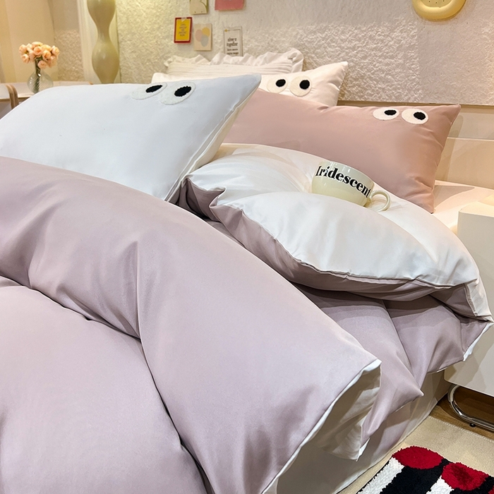 91家纺网 家纺一手货源 找家纺 艾米家居 2025新款水洗真丝大眼睛系列四件套 香槟+白