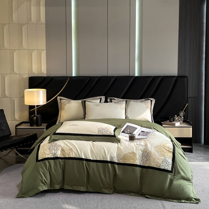 91家纺网 家纺一手货源 找家纺 丝印良品 2024新款全棉60S刺绣床单床笠高档四件套 赛琳绿