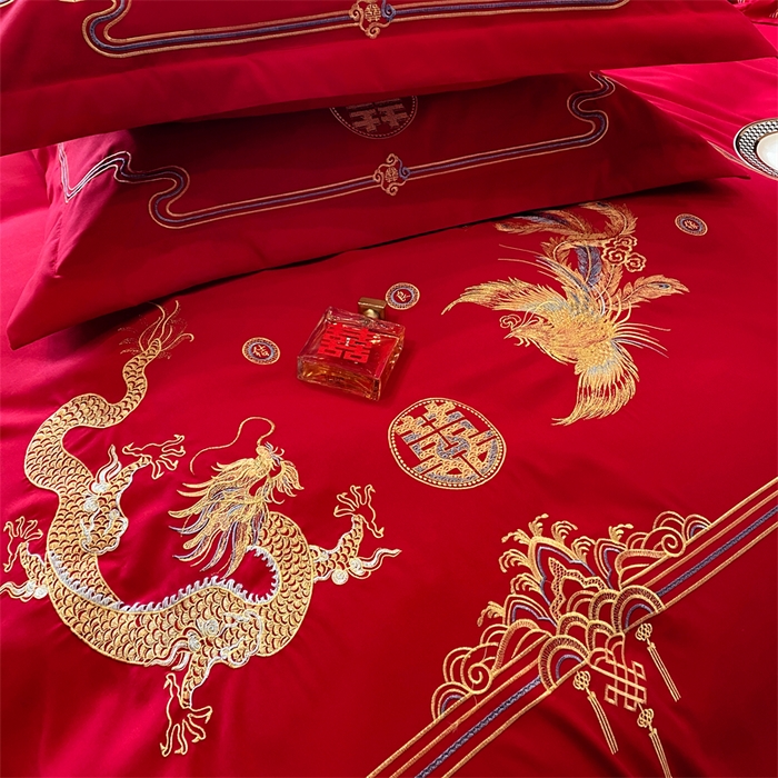 91家纺网 家纺一手货源 找家纺 宅家居 2024新款磨毛亲肤棉婚庆刺绣花四件套 幸福龙凤