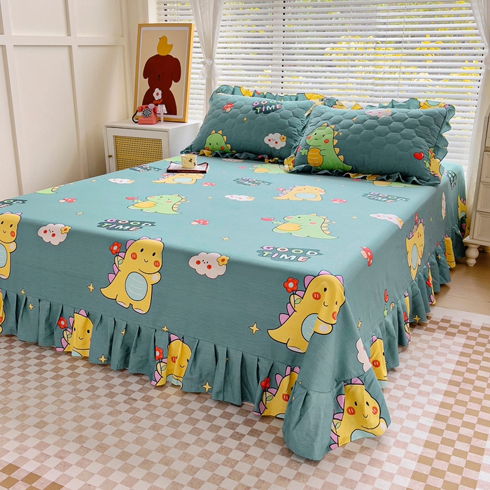 91家纺网 家纺一手货源 找家纺 情煊家纺 2024新款全棉斜纹花边床单系列-印花款 恐龙日记