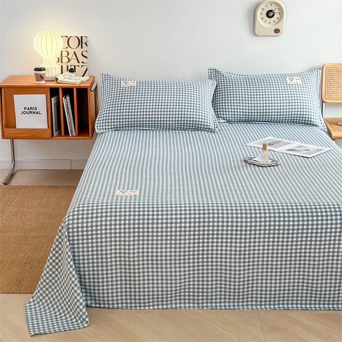 91家纺网 家纺一手货源 找家纺 梦舒羽 2025新款水洗棉麻单层床单 小格-蓝