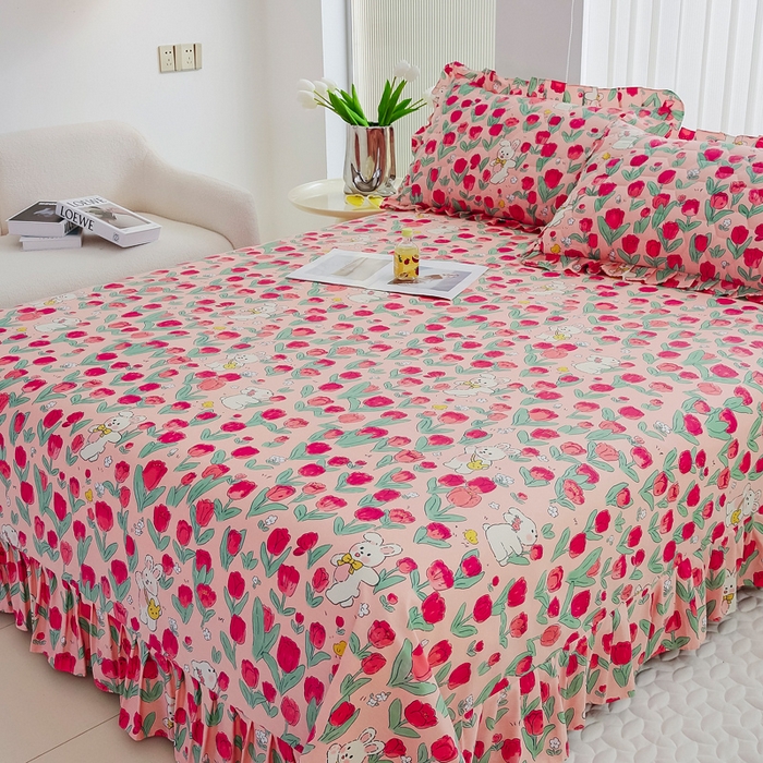 91家纺网 家纺一手货源 找家纺 情煊家纺 2024新款全棉斜纹花边床单系列-印花款 花间白兔