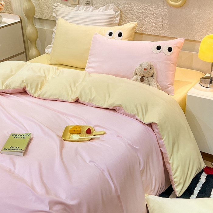 91家纺网 家纺一手货源 找家纺 艾米家居 2025新款水洗真丝大眼睛系列四件套 粉+黄